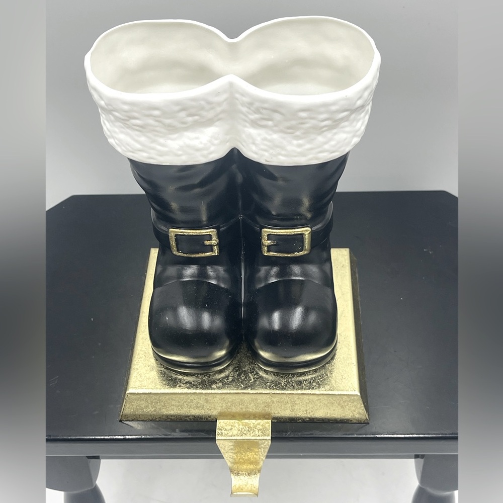 Christmas Mantel Santa’s Boots Resin Stocking Holder Mounted on Gold Metal Base